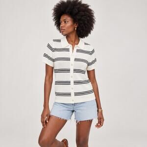 Madewell Top WMNS XXS White Black Striped Polo Sweater Retro Modern Classic